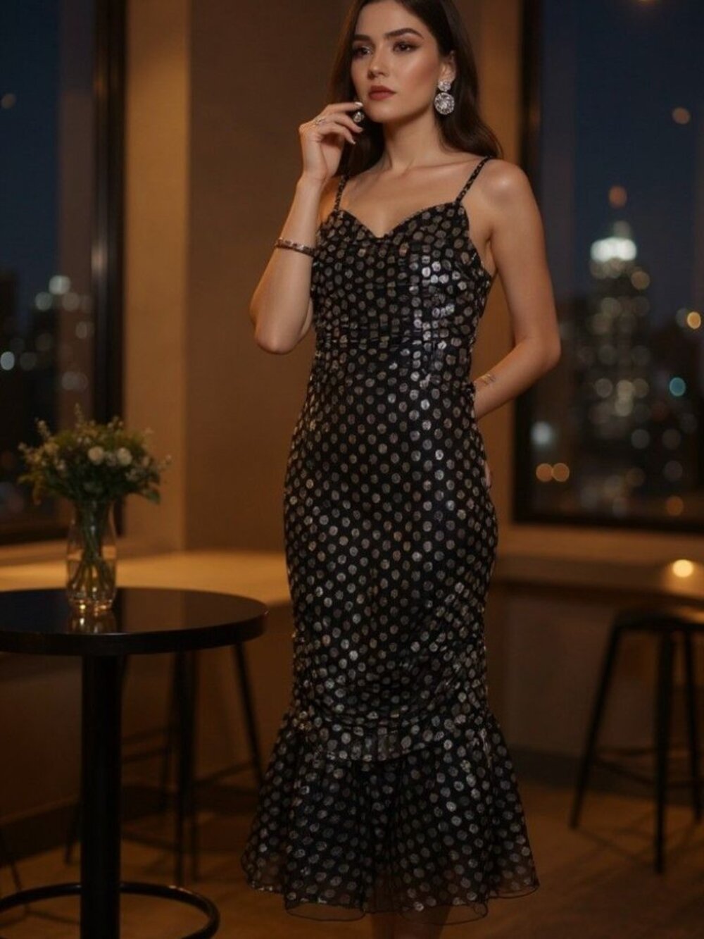 Vintage Lizette Creations Blk Metallic Polka Dot Mermaid Midi Dress Retro Glam